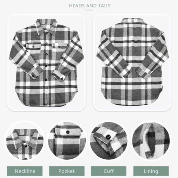 WOMEN OVERSIZED PLAID PATTERN LONG SHACKET GREY - Picture 6 of 7